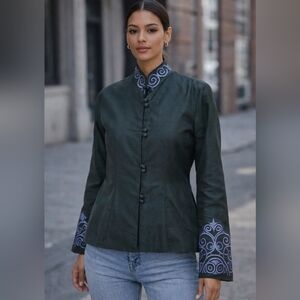 Hien Silk | Elegant Green Silk Top wBlue Accents | Size L (fits like M)